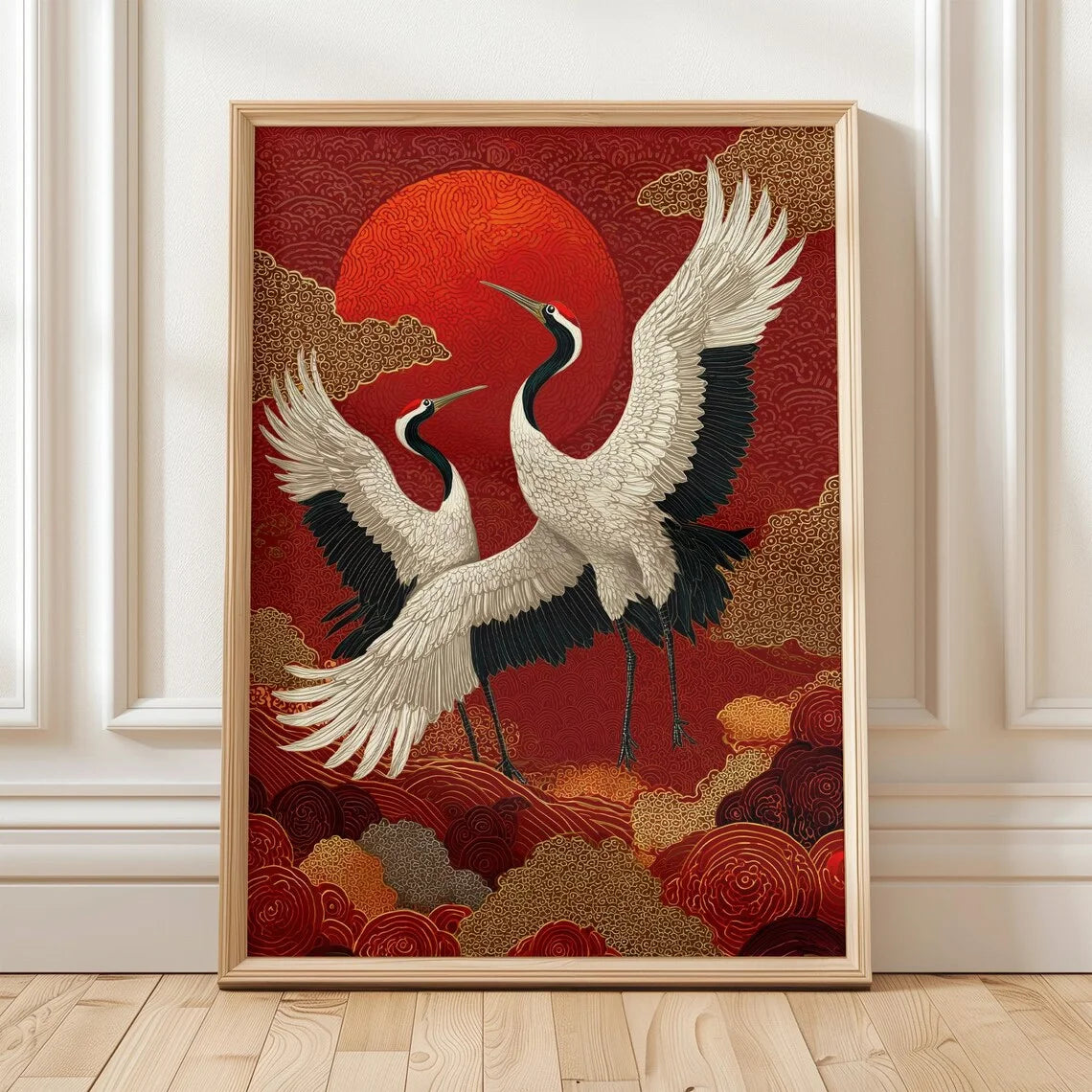 tableau toile oiseaux rouges art traditionnel japonais décoration murale maison cadre bois noir