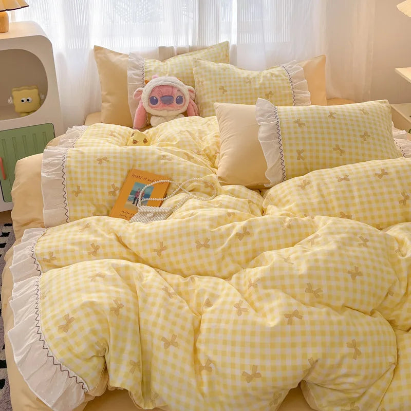 ensemble literie rose gingham nœuds frangés doux girly enfant taies oreiller couverture