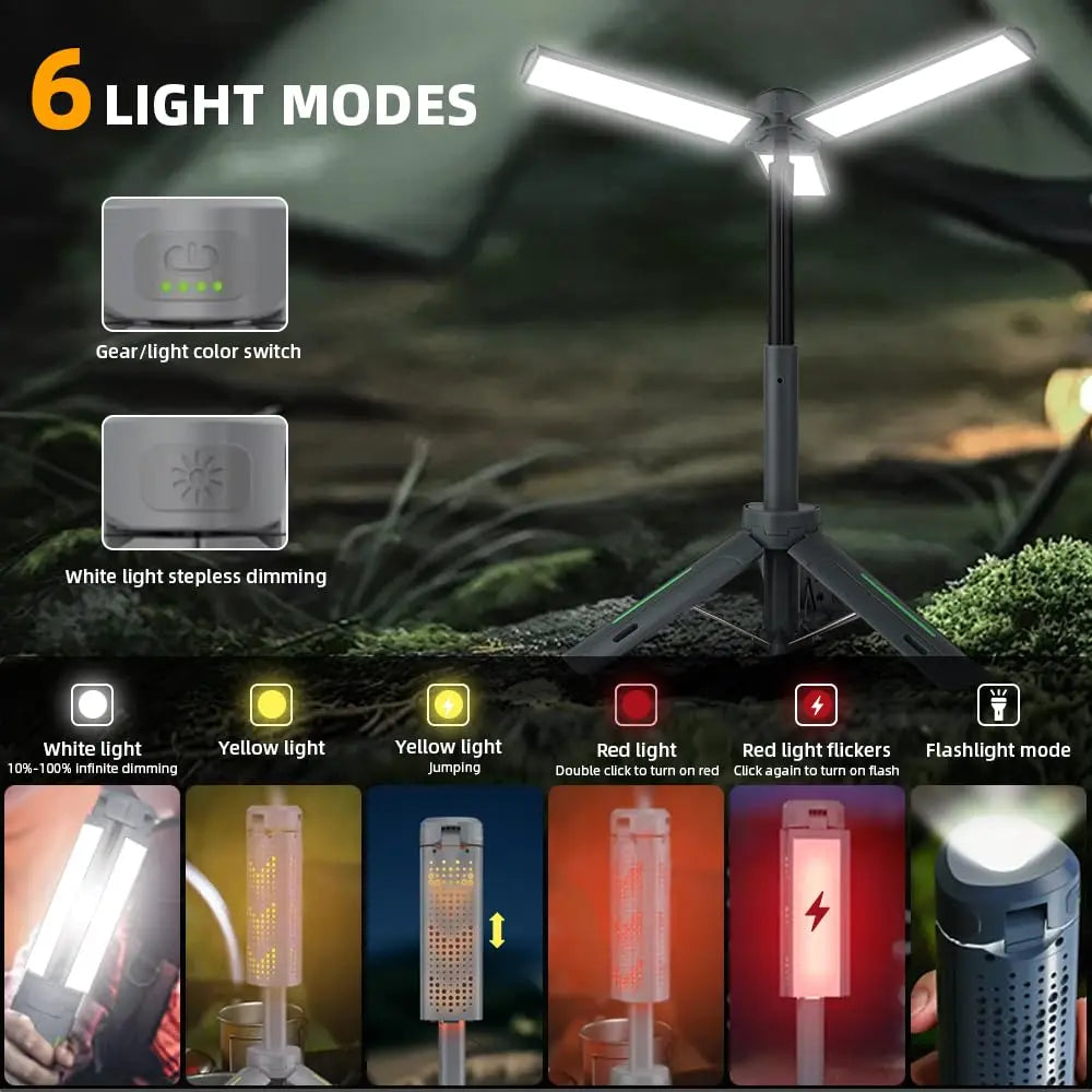 lampe camping rechargeable usb portable 8000mAh éclairage extérieur pliable trépied multifonctionnelle