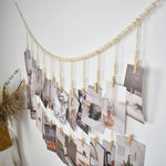 cadre mural boho chic bois ficelle naturelle beige blanc photos suspension pinces linge
