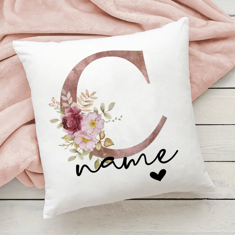 taie d'oreiller motif floral rose lettres initiales respectueux environnement moderne blanc