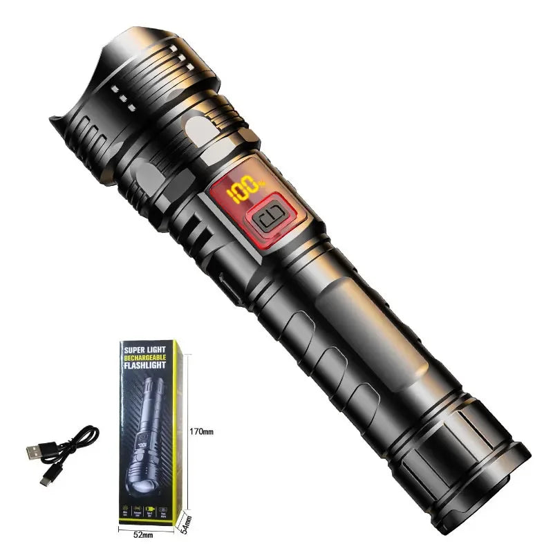 lampe torche rechargeable usb led haute luminosité étanche zoom camping randonnée portable noire moderne
