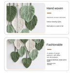 Détail des motifs feuilles sur tapisserie macramé vert style pastoral