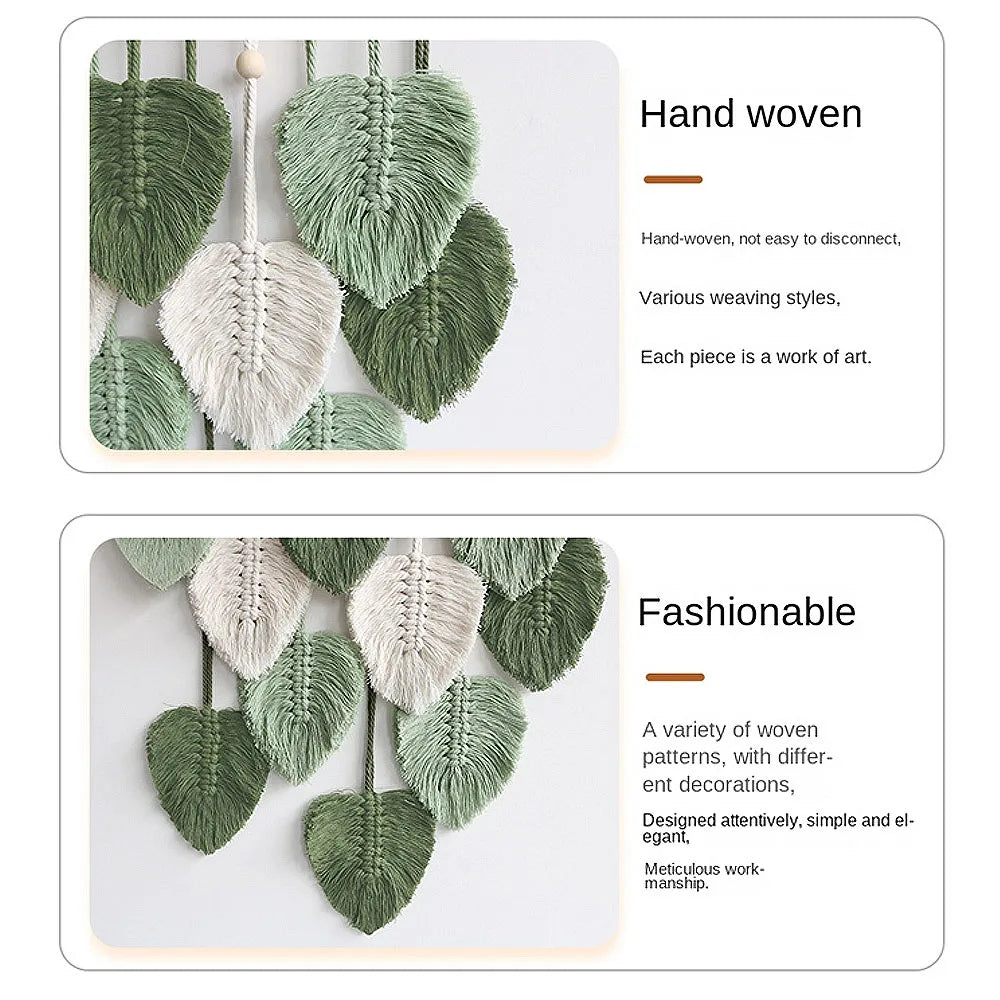 Détail des motifs feuilles sur tapisserie macramé vert style pastoral