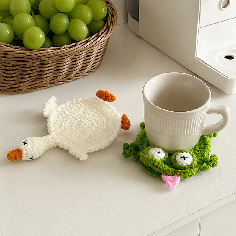 coasters crochetés motifs animaux créatifs opaques vert bleu jaune blanc dinosaure oiseau écologiques