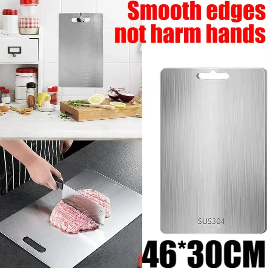 planche découpe acier inoxydable double face durable alimentaire moderne poignée intégrée 46x30cm