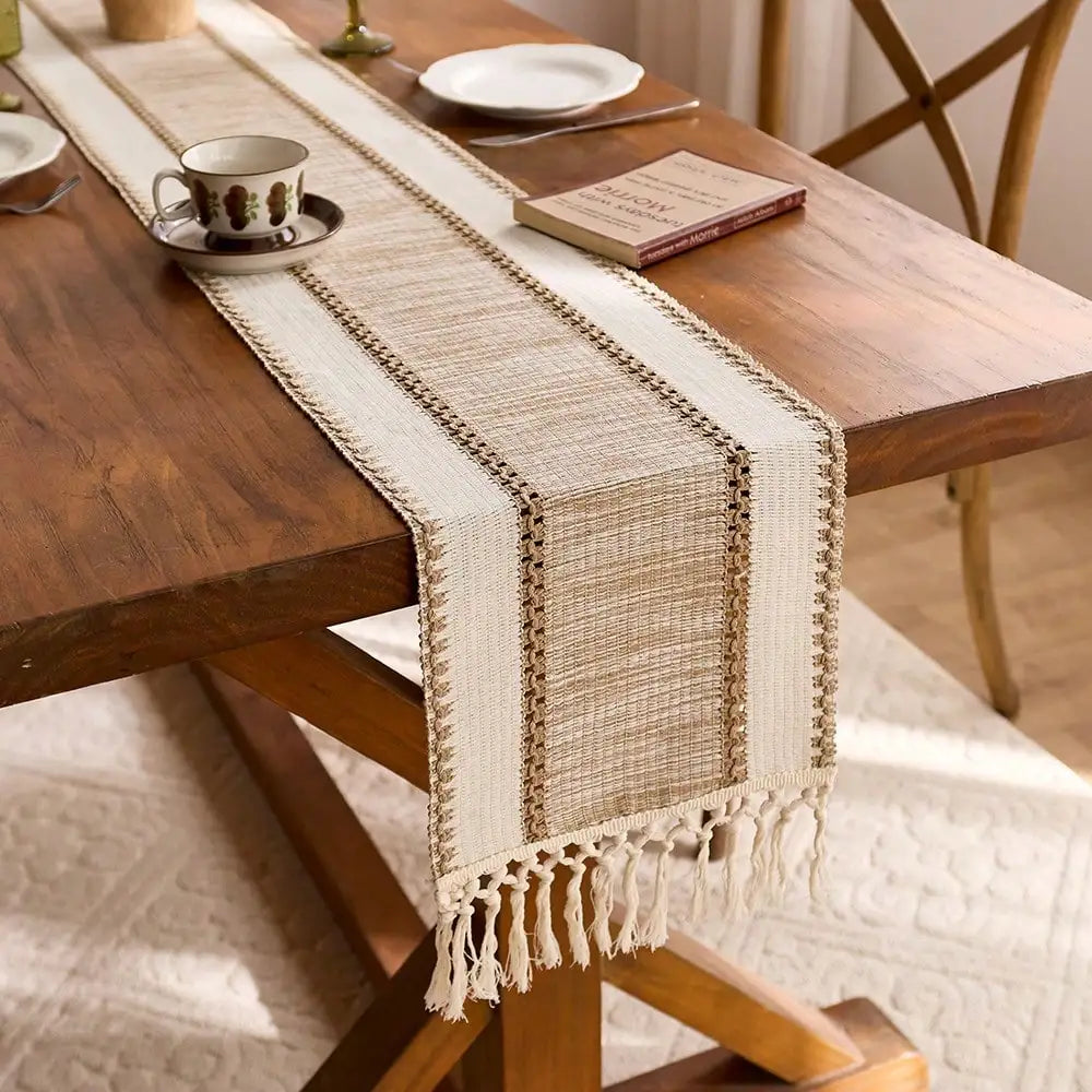chemin table rustique beige franges tissé décoration intérieure cuisine salon ferme
