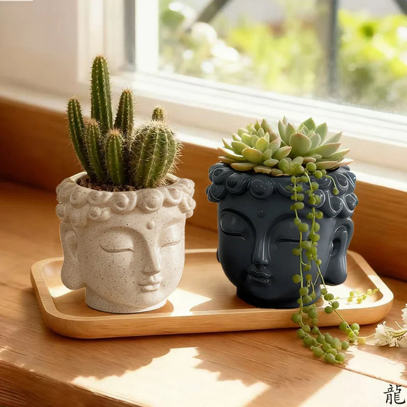 pots fleurs tête bouddha résine blanc gris texture moderne zen spiritualité
