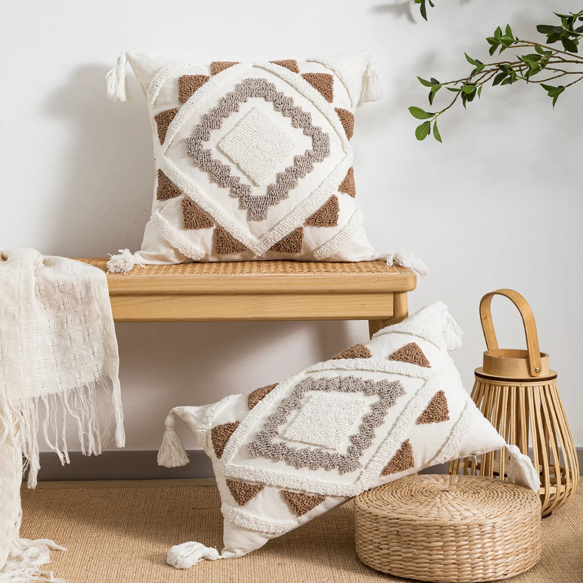housse coussin géométrique bohème polypropylène blanc marron rose tassel adhésif salon chambre lit voiture