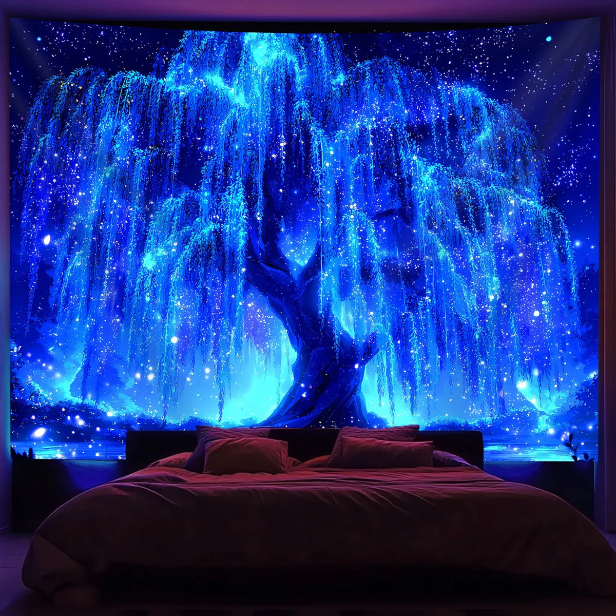 tapisserie arbre vie étoiles nuit bleu noir blanche impressioniste chambre uv décoration festive halloween