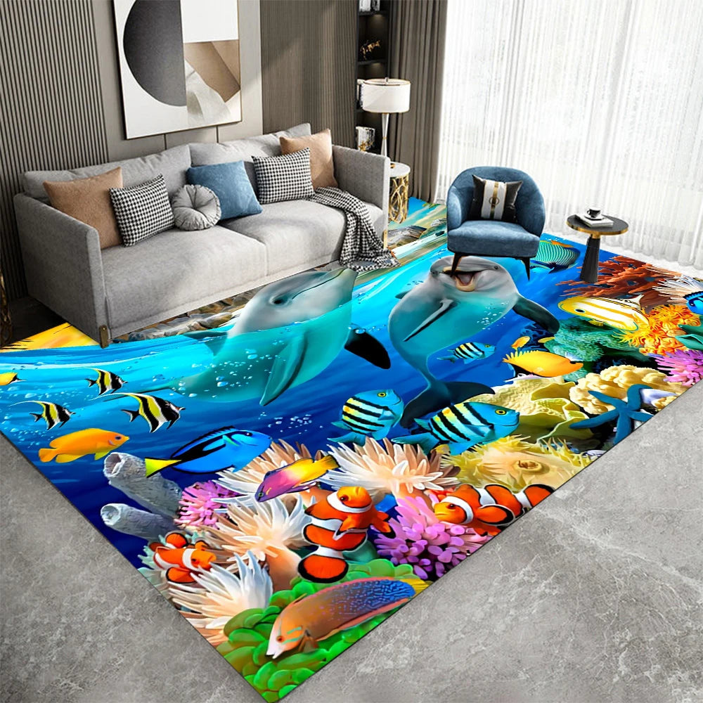 tapis salon chambre moderne motif marin dauphin poisson corail bleu décoratif lavable polyester rectangulaire