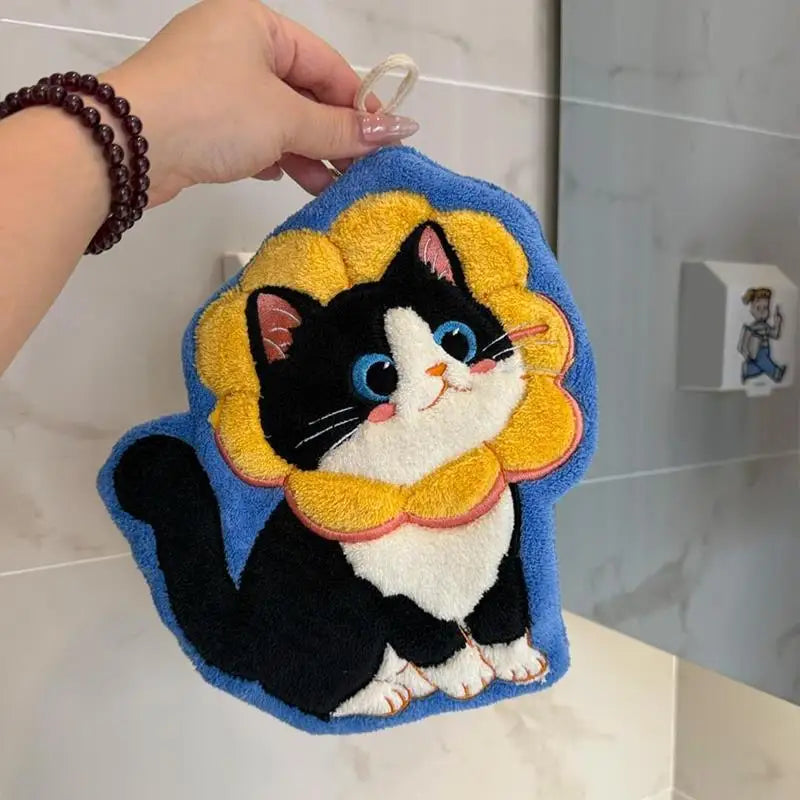 serviette toilette noire blanche bleue chat mignon coiffures différentes anneaux métal absorbante salle bain