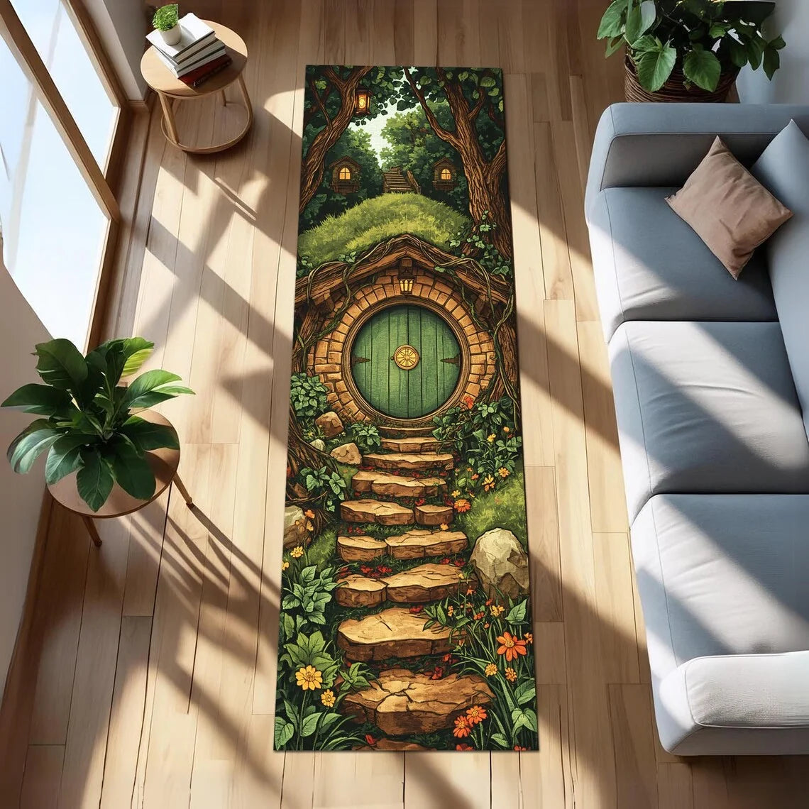 tapis moderne fleuri paysage forestier escalier pierre porte ronde vert brun noir