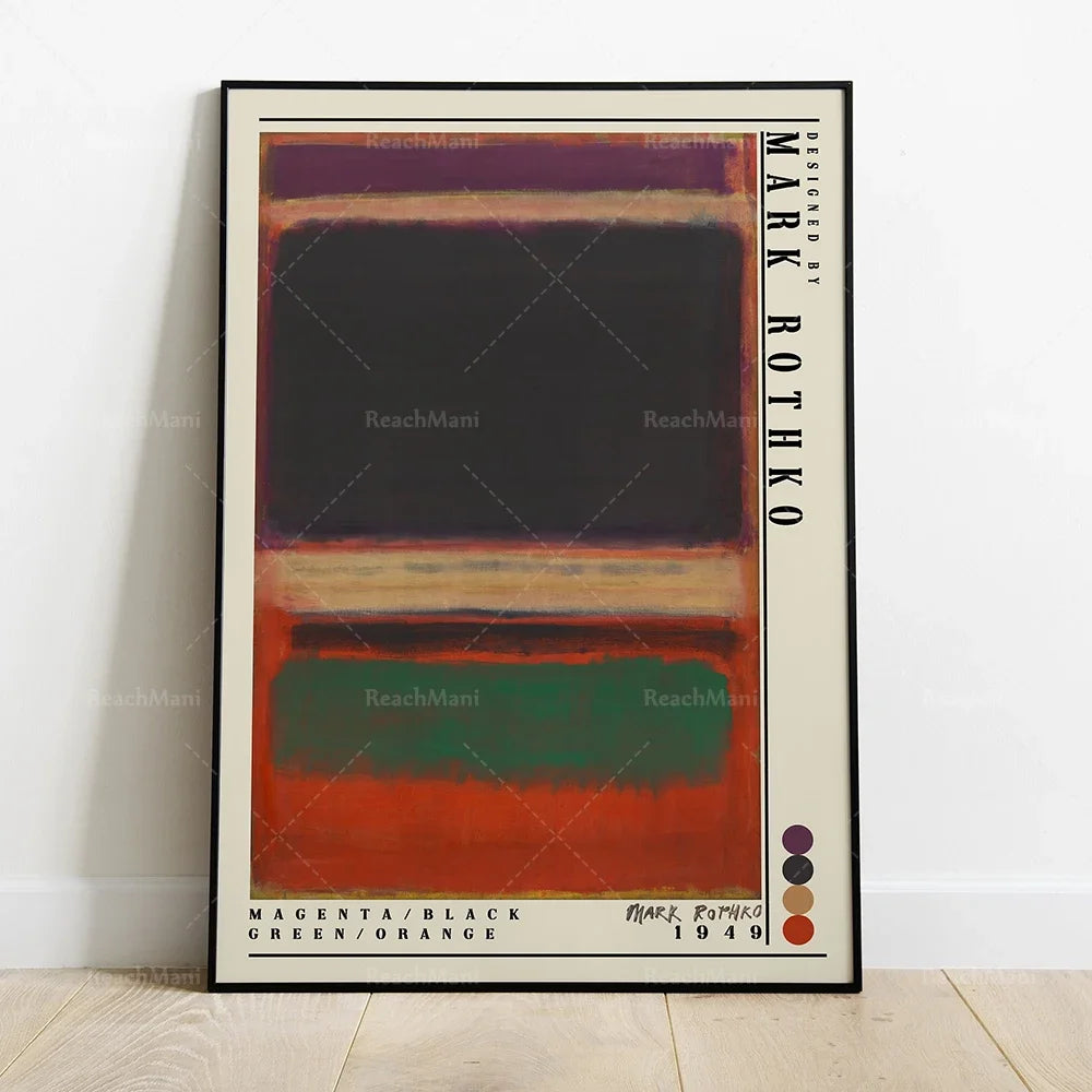 Affiche abstraite moderniste aux tons magenta, noir et orange, créée par l'artiste Mark Rothko en 1949.