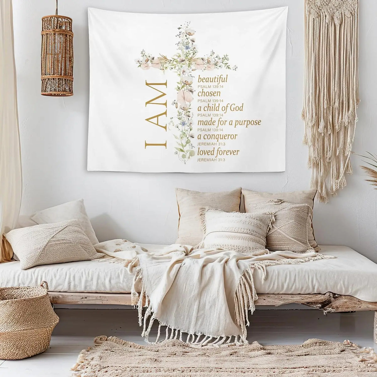 tapisserie murale boho chic versets religieux fleurs feuilles blanc doré roseclair bleuclair beige