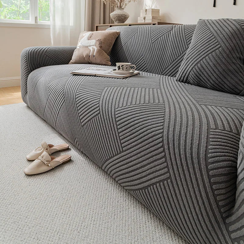 housses canapé moderne rayures horizontales beige gris clair polyestère lavage machine adaptable places