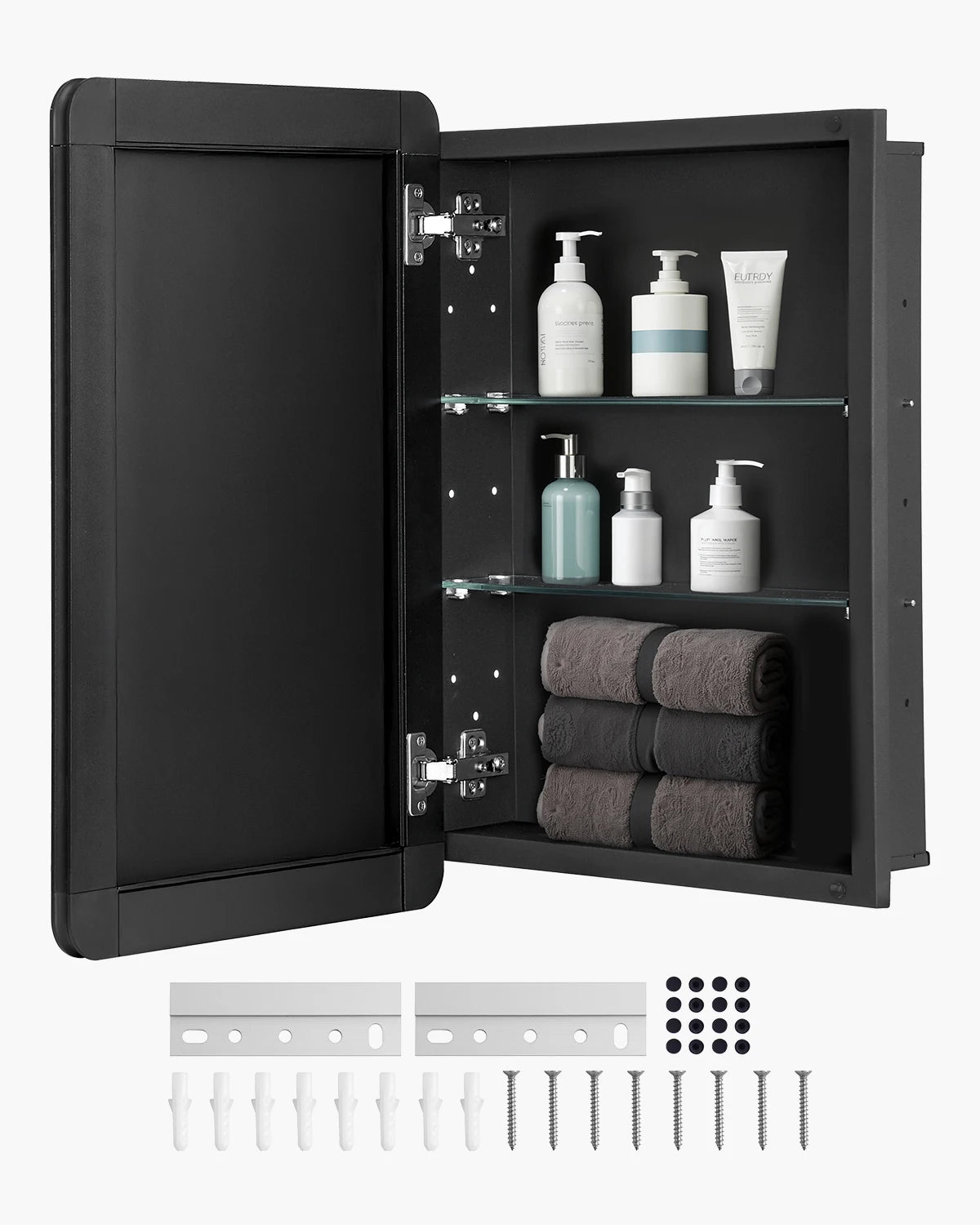 meuble miroir noir armoire murale étagères verre moderne rangement salle bain porte translucide