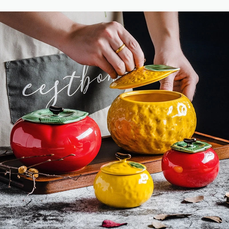pots épices céramique rouge jaune pomme moderne relief couvercle poignée