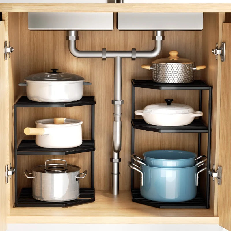 étagères d'angle multi usages modernes blanc noir gris rangement ustensiles cuisine pot couvercle assiettes