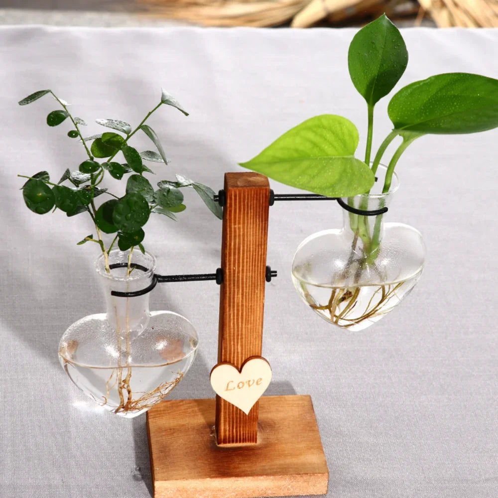 vases verre transparents support plantes aquatiques bois rustique Love gravé decoration maison