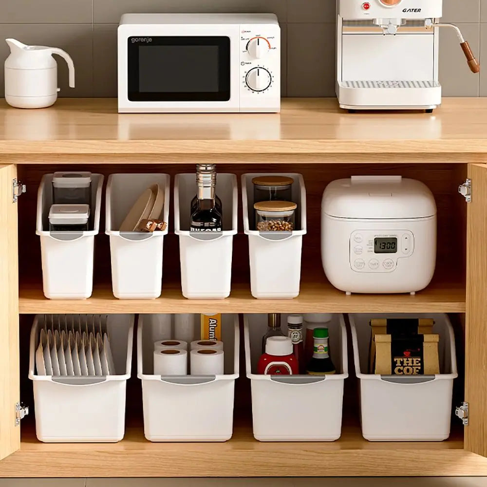 organisateur rangement moderne boîte tri plastique empilable compartiments multifonctionnels beige gris clair poignées bois