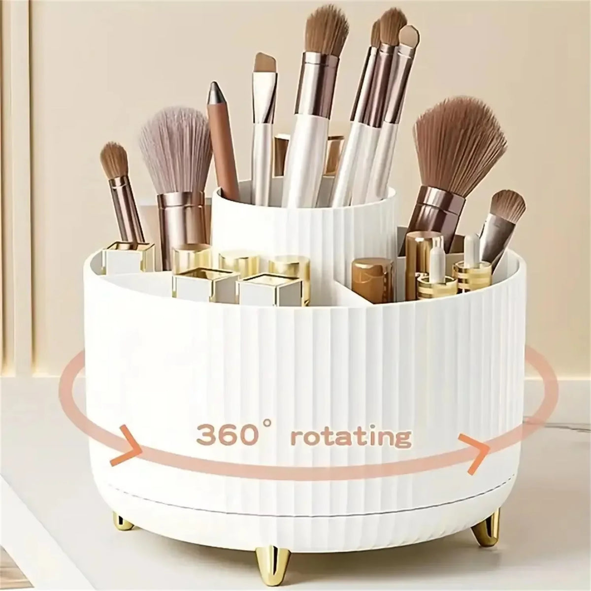 organisateur maquillage rotatif blanc rose rayures élégants étuis pinceaux crayons ombres lunettes clés