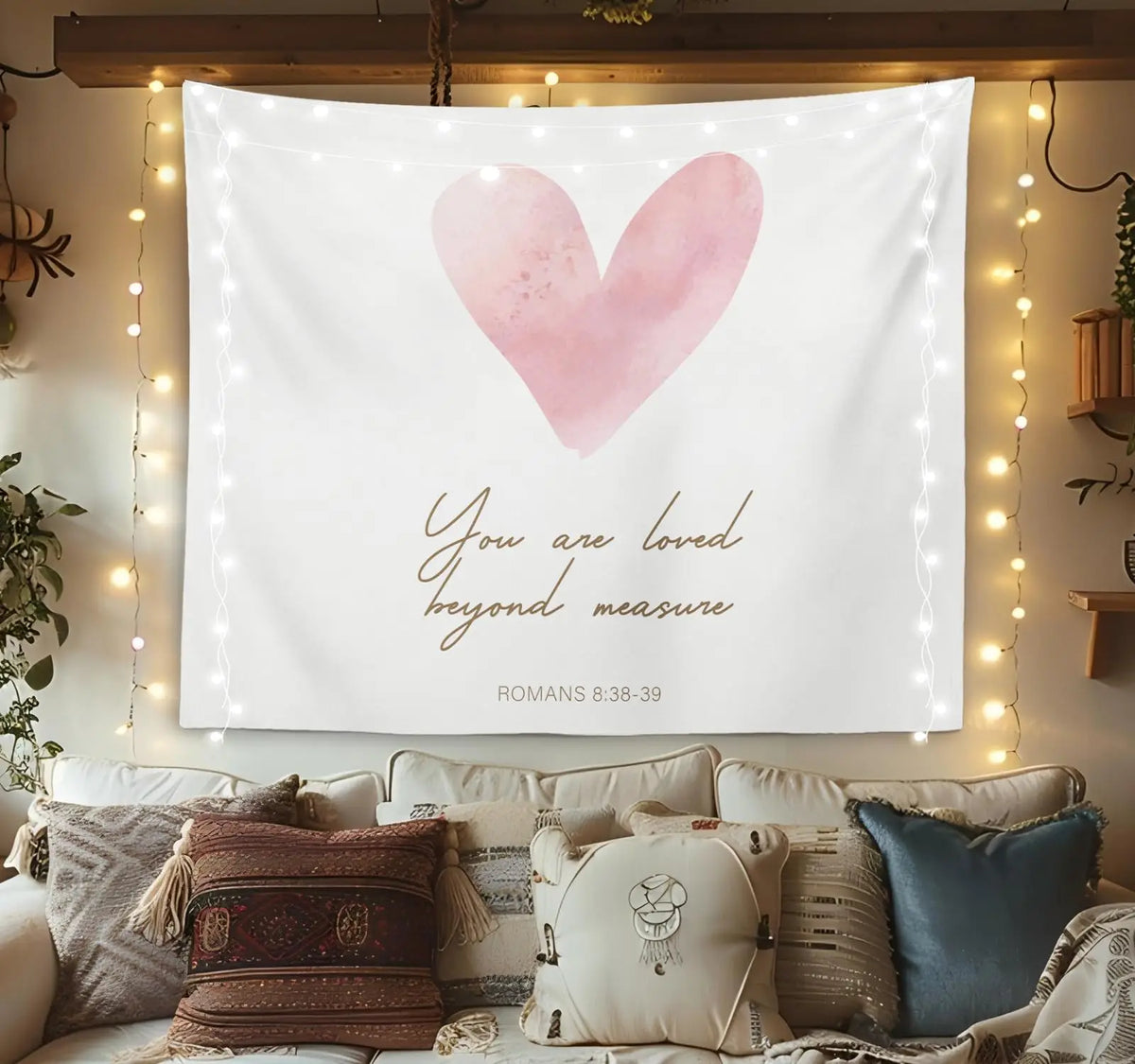 tapisserie murale boho chic versets religieux fleurs feuilles blanc doré roseclair bleuclair beige