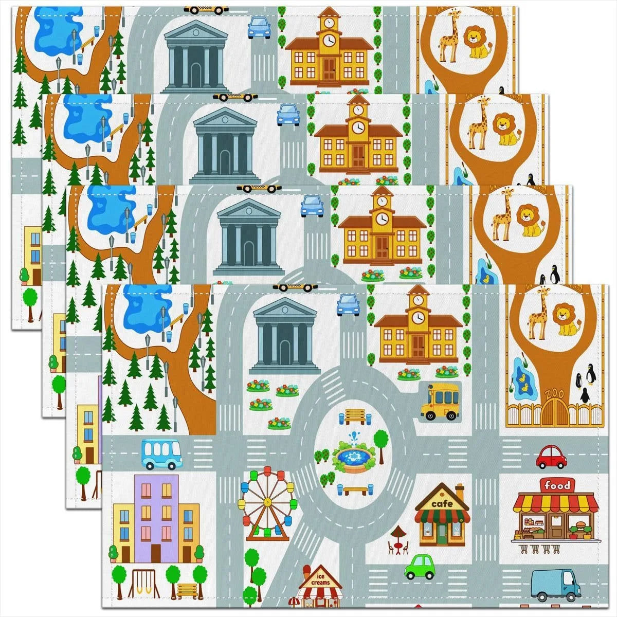 tapis jeu enfants urbain voitures animaux alphabet chiffres formes géométriques vert blanc bleu jaune