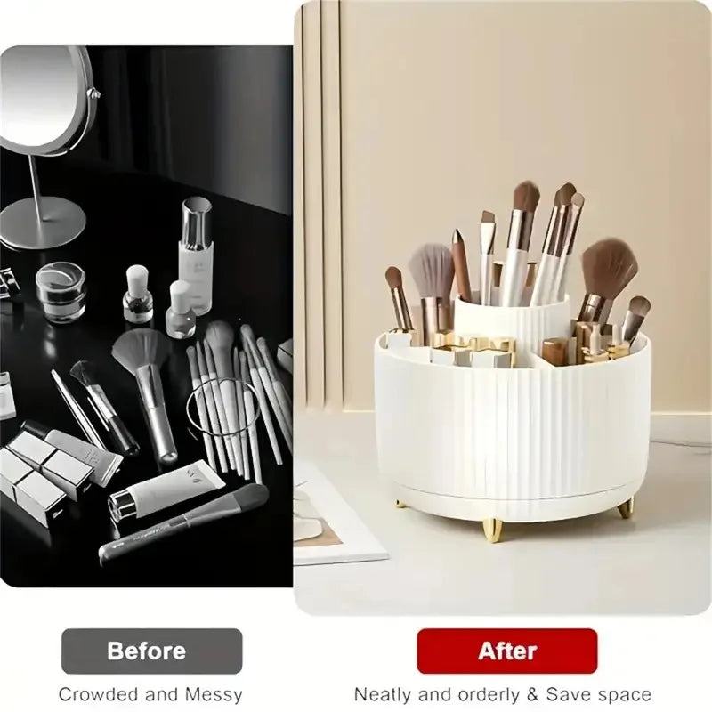 organisateur maquillage rotatif blanc rayures modernes pieds dorés pinceaux crayons stylos scies