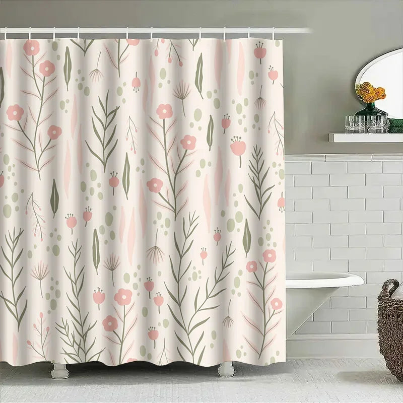 rideau douche fleurs stylisées polyester moderne beige rose vert anneaux fixation 180cm 180cm