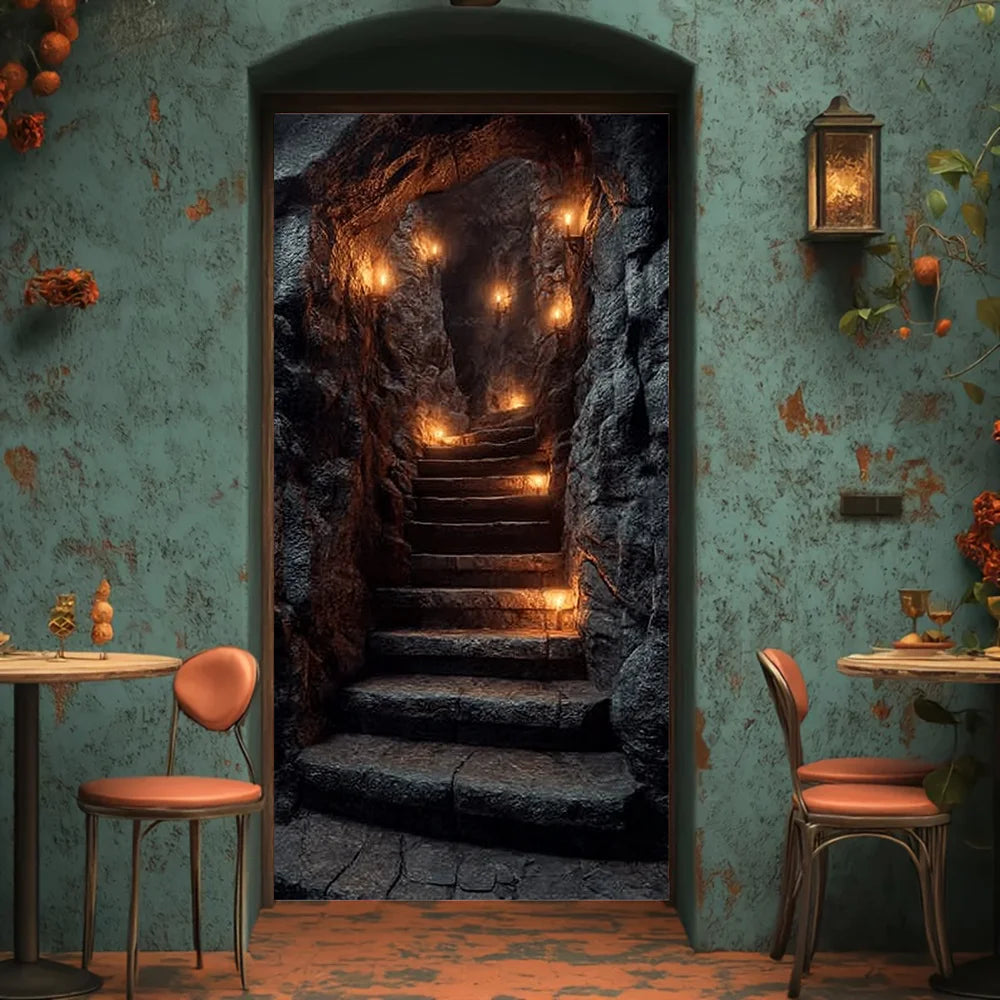 bannière décorative escalier grotte torches noir marron occasion anniversaire noel fantaisie opacité totale porte