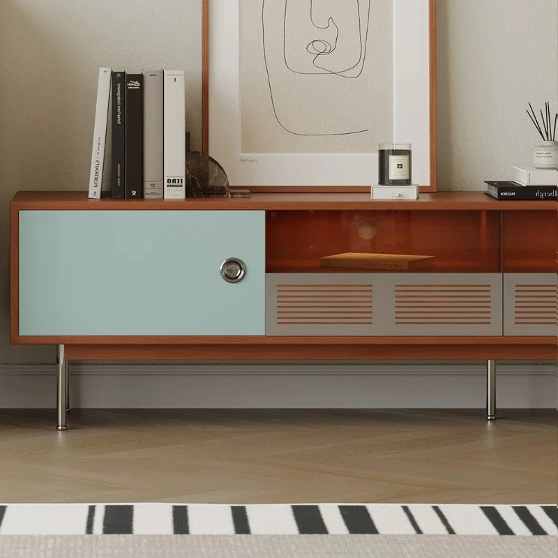 meuble bas tv console mid century bois tiroir étagère murale transparente