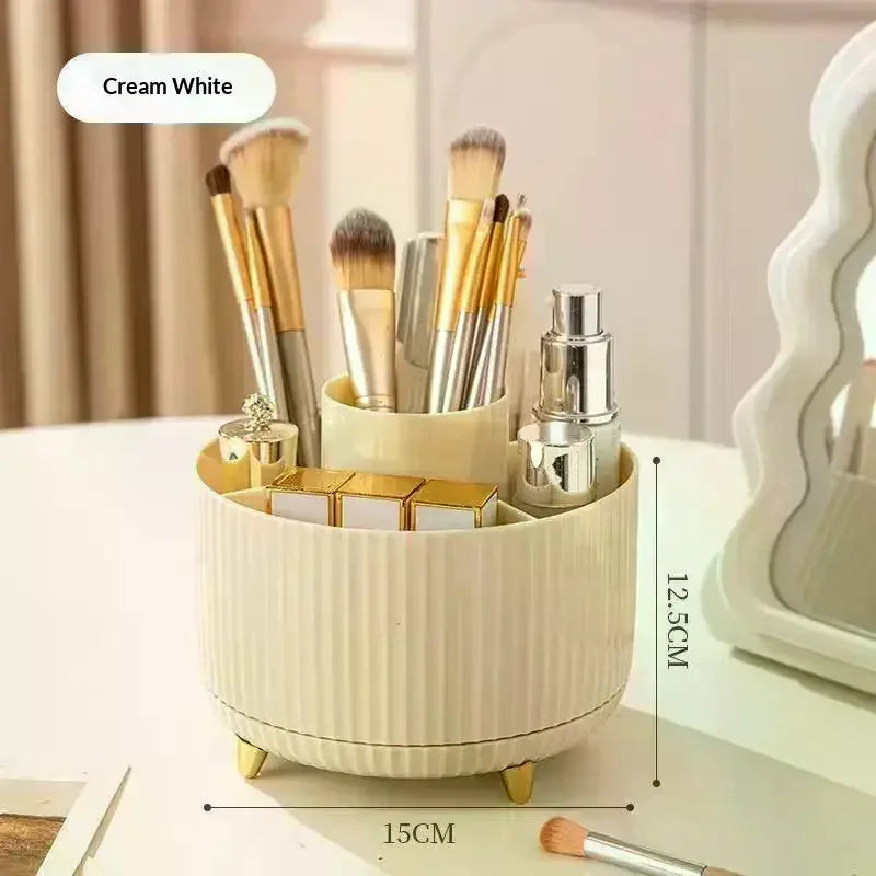 organisateur maquillage crème blanche rayures verticales moderne pieds patte d'animal bouteilles produits cosmétiques brosse