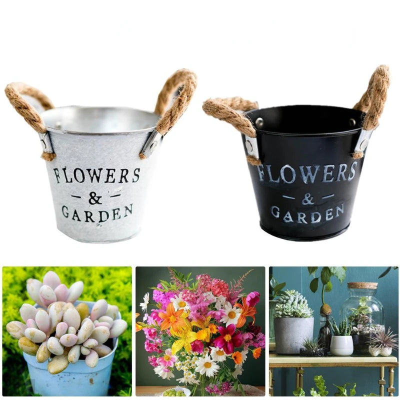 pots fleurs métal gris argenté noir texte imprimé rustique vintage fleurs plantes terre