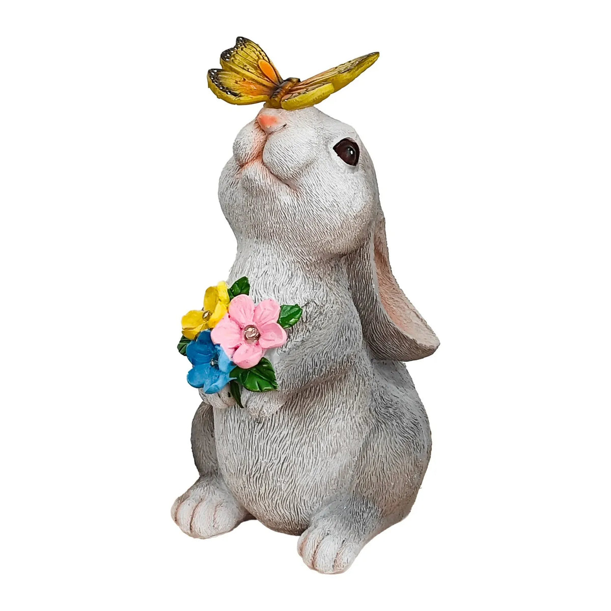 statue lapin bouquet fleurs extérieure éclairage solaire papillon jardin champêtre animal décoration festive