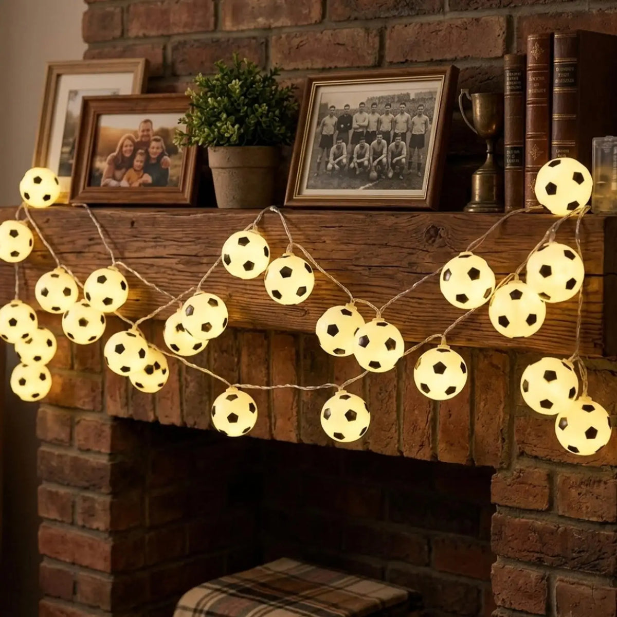 guirlande lumineuse football blanc noir jaune motifs ballons festif anniversaire mariage événement