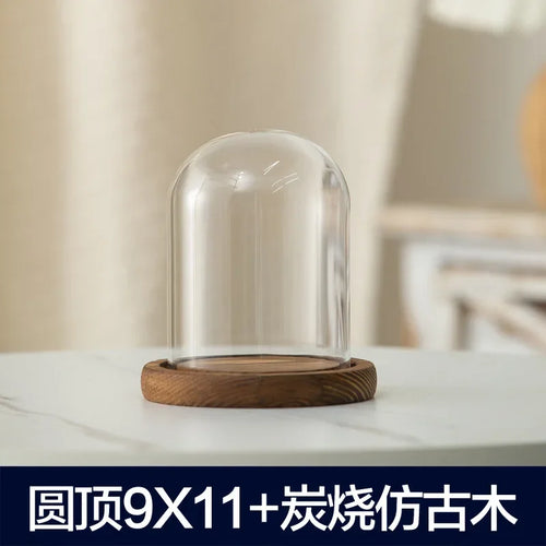 cloche verre transparent base bois bougie parfumée décoration maison moderne