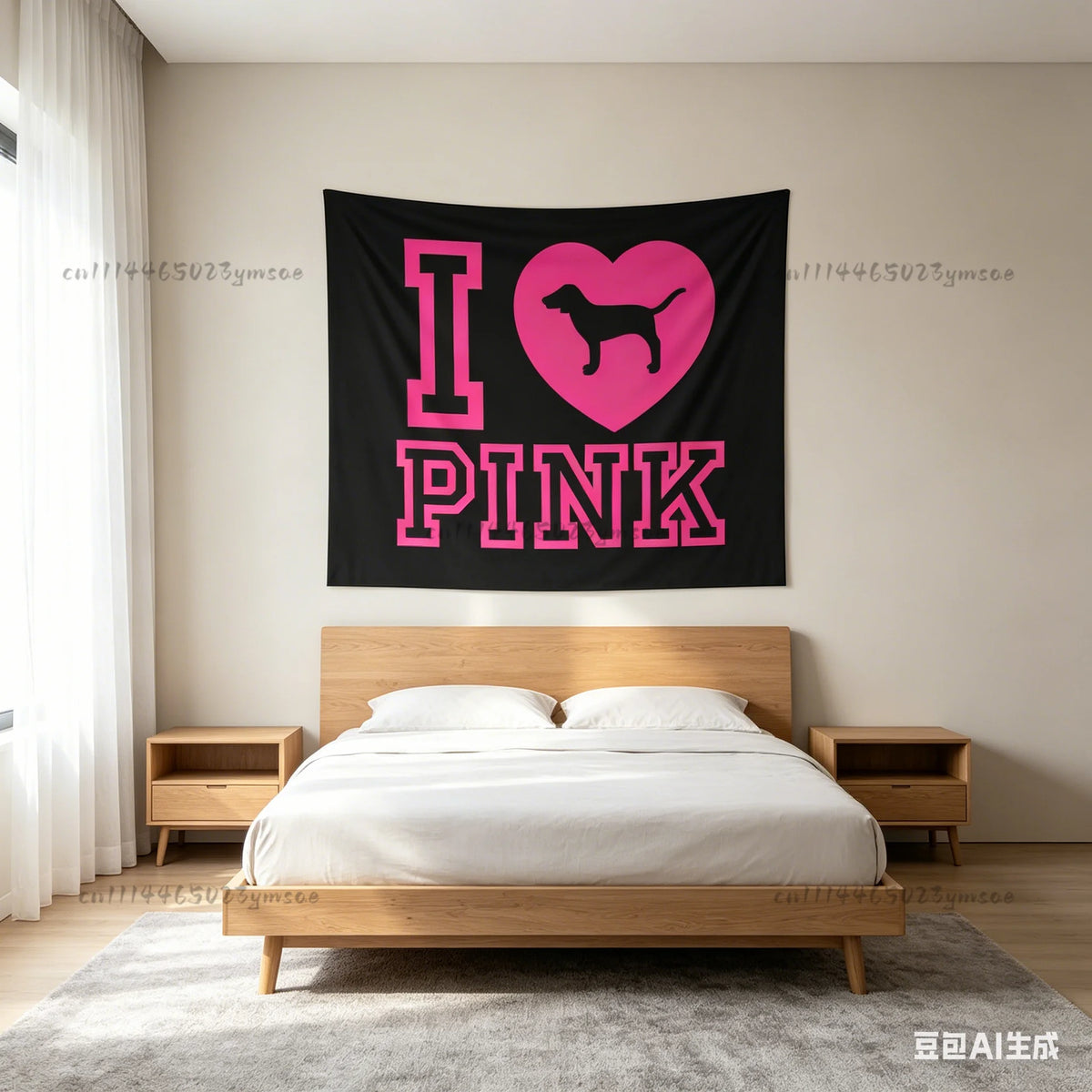 tapisserie murale graphique pink chien cœur noir rose vif moderne décoration chambre étudiante bannière
