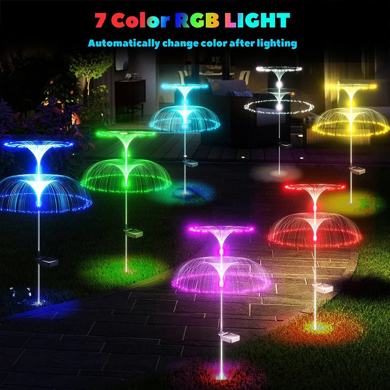 décoration extérieure moderne lampes solaires led violet jaune bleu vert fibres optiques gazon champignons