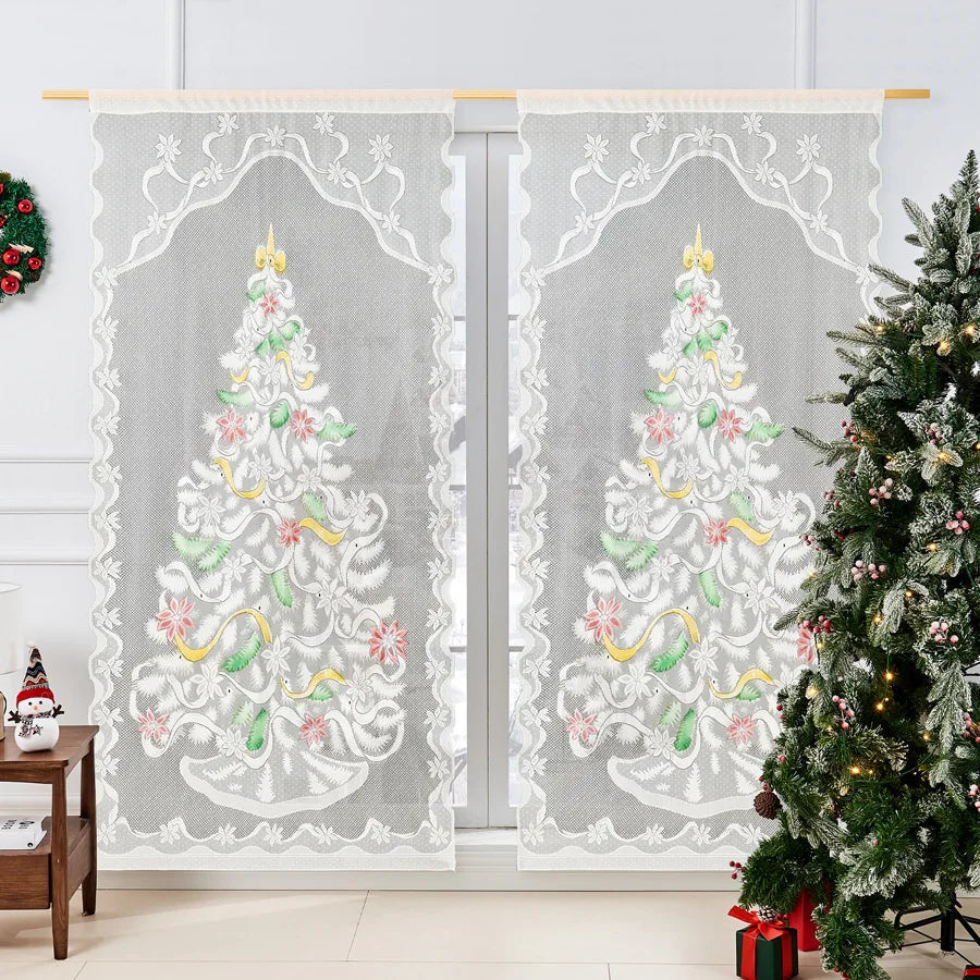 rideau decoratif noel motif sapin boules etoile bordure ajouree transparent maison