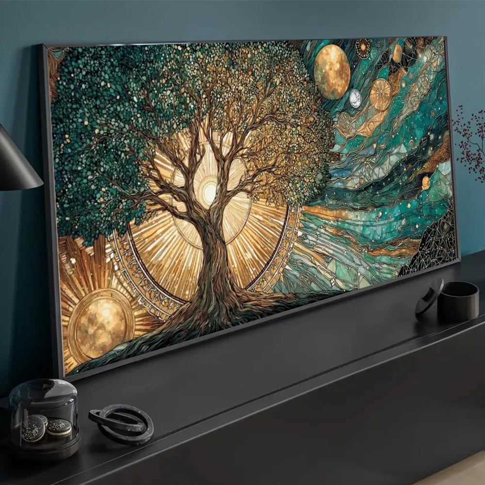 toile d'art abstraite arbre soleil lune contemporaine verte dorée noire blanche fond texturé salon