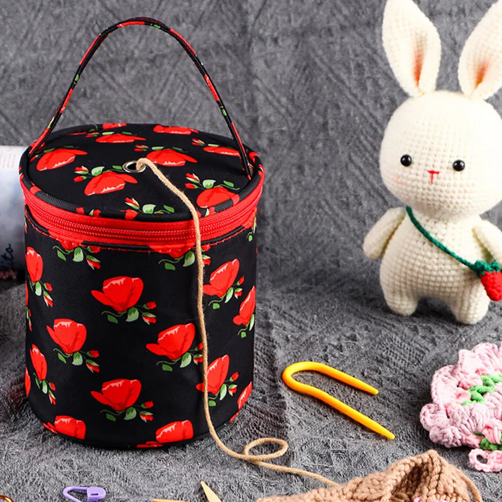 Sac rangement laine moderne noir rouge fleurs poignée amovible crochet pelotes mesures pratique