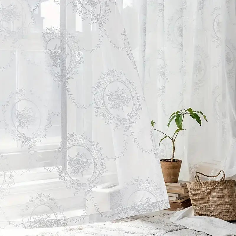 rideau voilage floral blanc gris vert pastorale polyester translucide tringle chambre salon