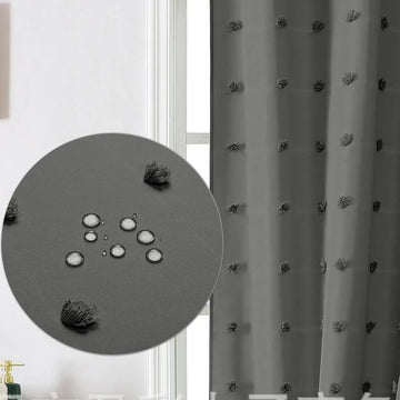 rideau douche moderne motif floral pompons vert clair rose noir crochets