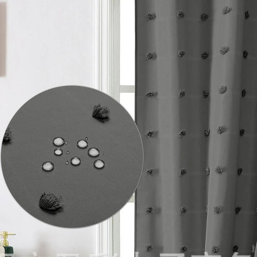 rideau douche moderne motif floral pompons vert clair rose noir crochets