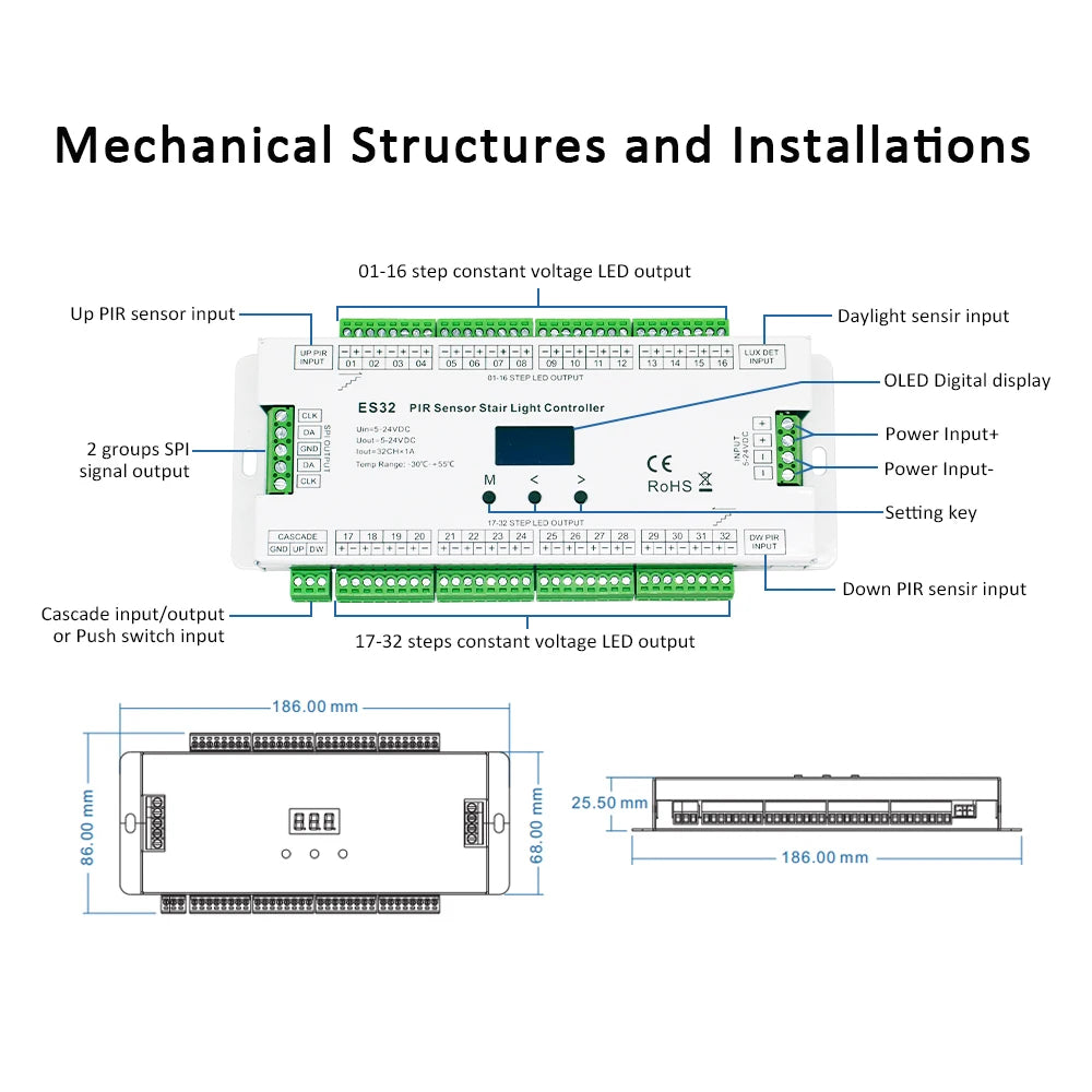 contrôleur d'éclairage escalier détecteur mouvement PIR blanc led strip moderne 12VDC câble affichage oled