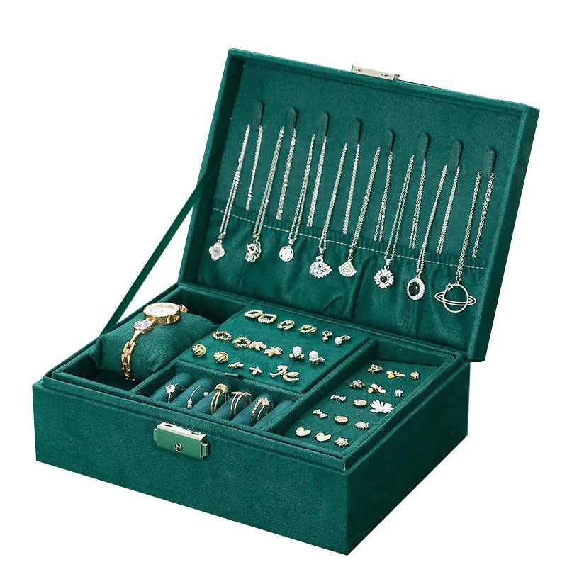 boîte bijoux velours vert foncé classique cadenas rangement colliers anneaux pendentifs boucles doreilles