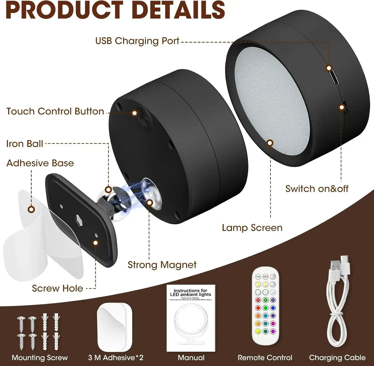 lampe murale moderne rechargeable tactile noire adhésive led 360° rotation chambre cuisine