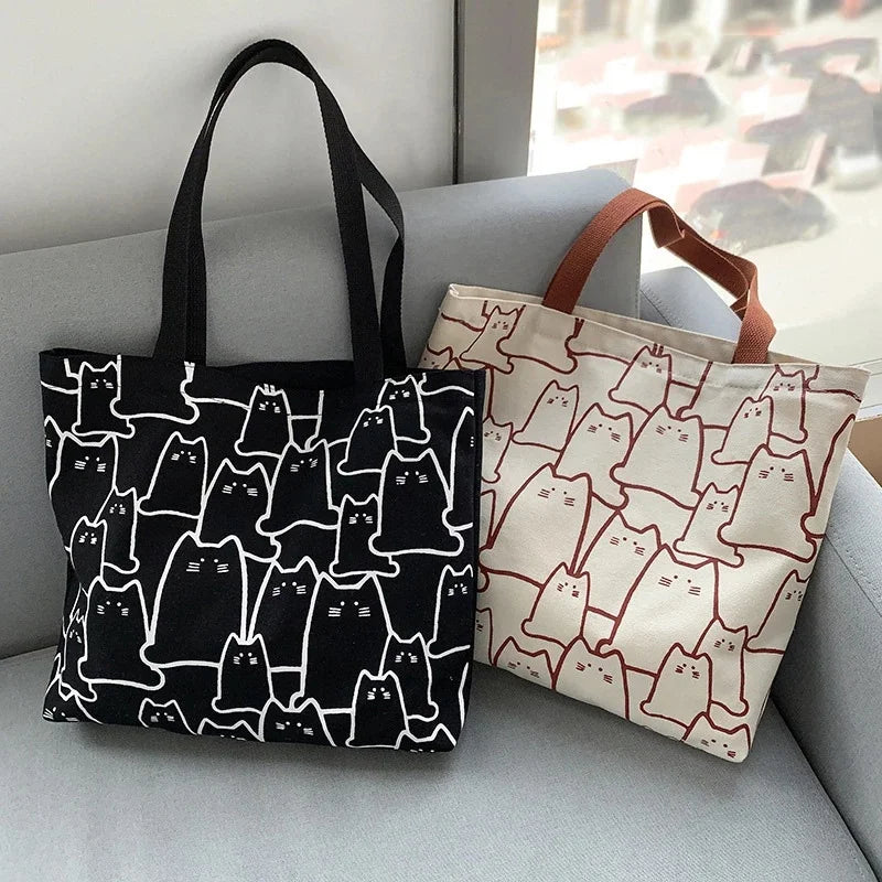 sac main femme toile imprimé chats noir blanc moderne casual poignées détachables fourre tout