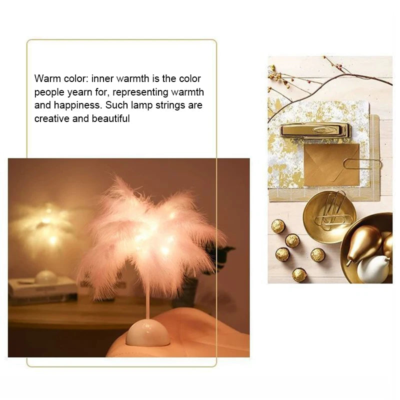 lampe arbre plumes guirlande led rose blanche dorée décoration bohème moderne chambre